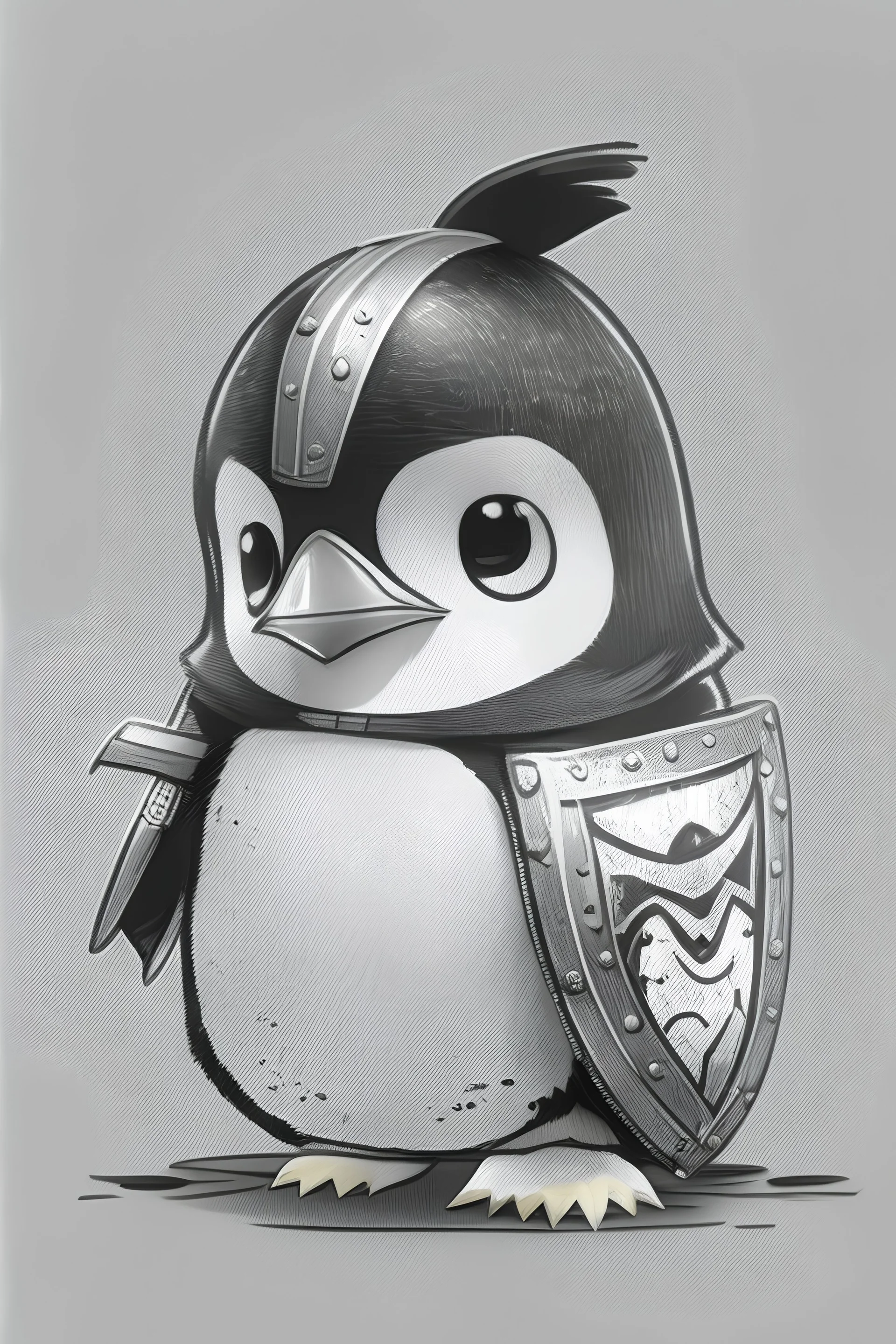 chibi penguin with shield ink style black and white