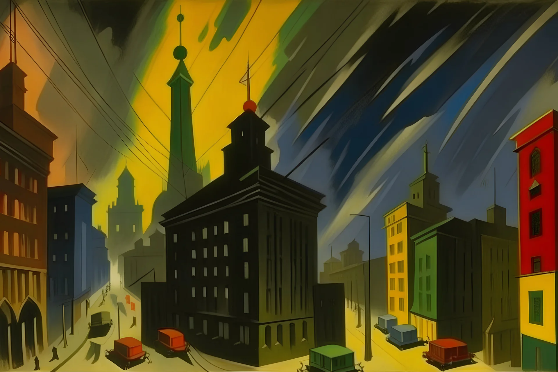 A thunderstorm in a city with traffic lights and clocks painted by Lyonel Charles Feininger