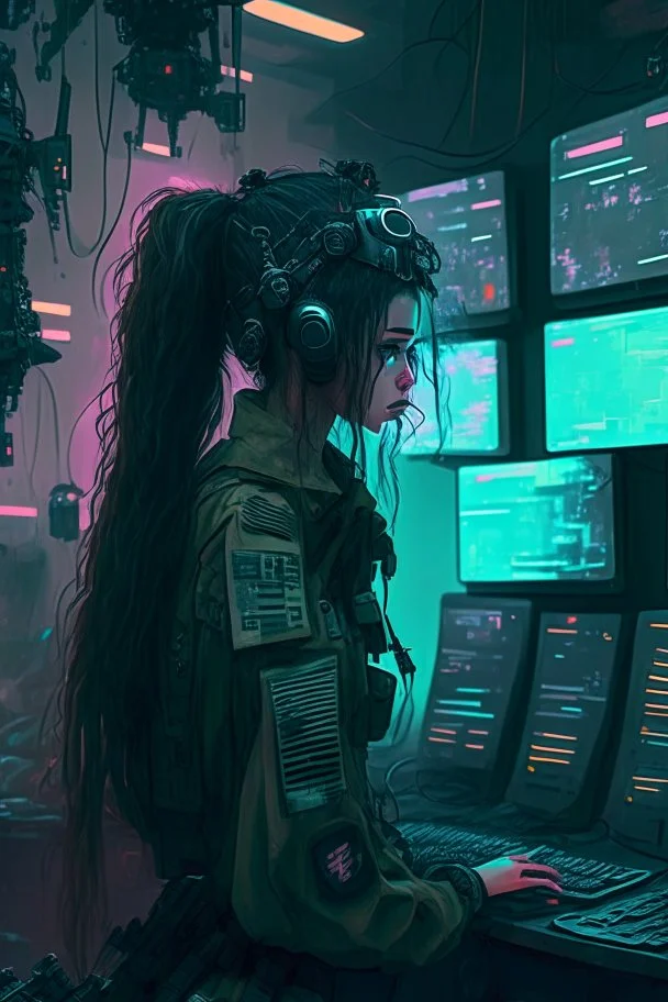 Cyberpunk girl in a room with five live feeds from soldiers