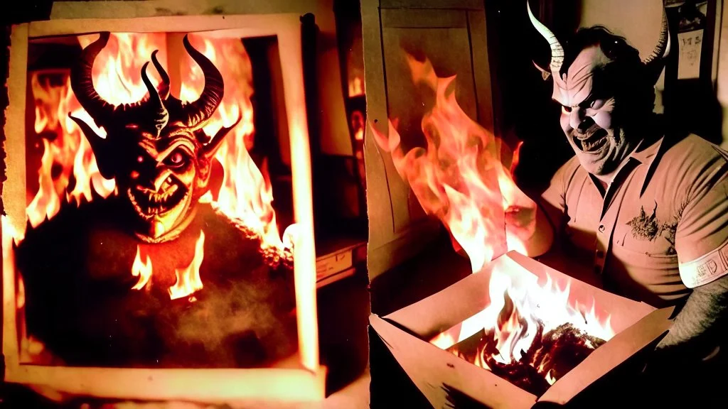 delivery driver summon old antique photos in big fire while demon rises from it