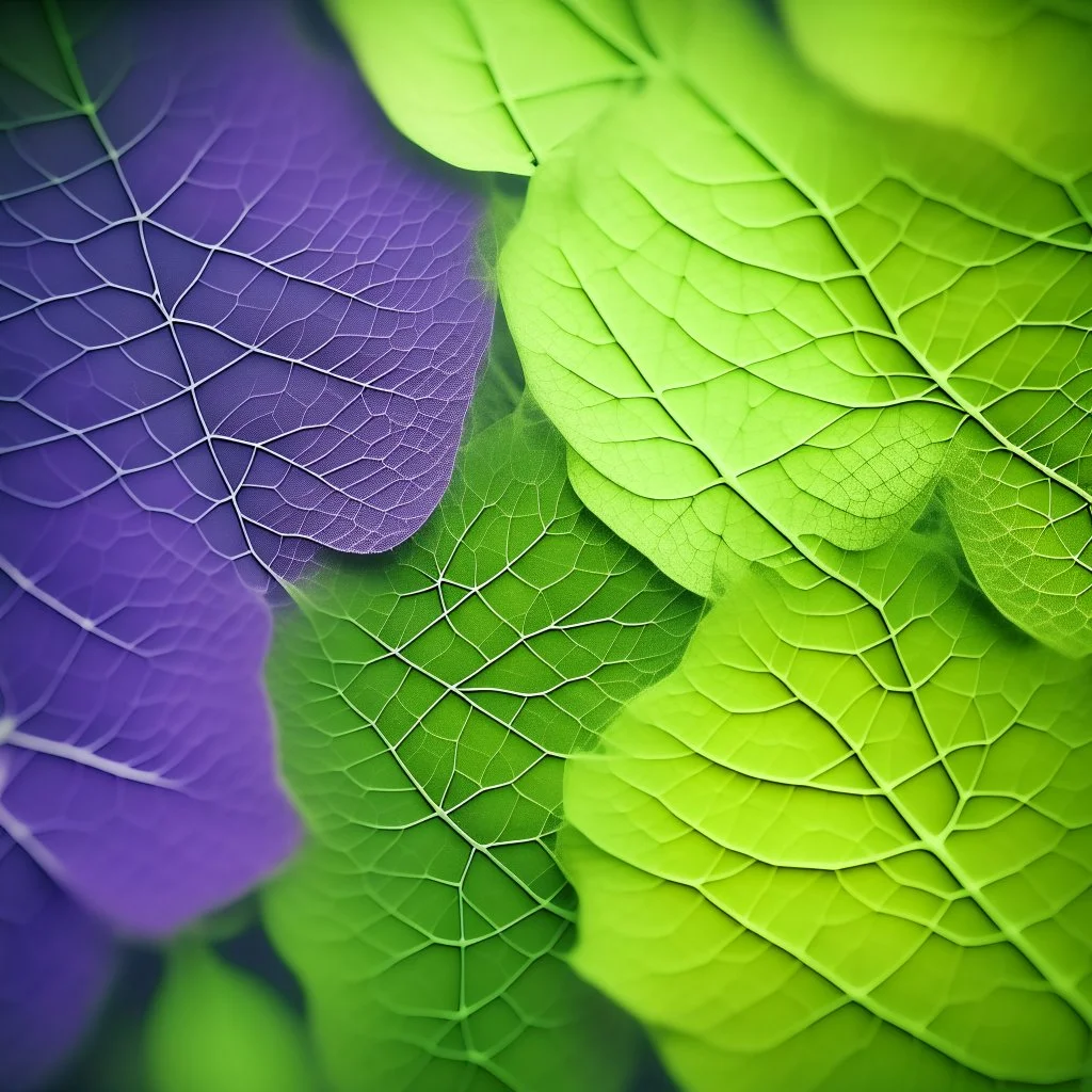 An out of focus, psychedelic and abstract microscopic serigraphy of leaves' texture. Image is almost white with subtle gradients. Colors are light green, deep purple and yellow. Heavy grain texture and vintage look.