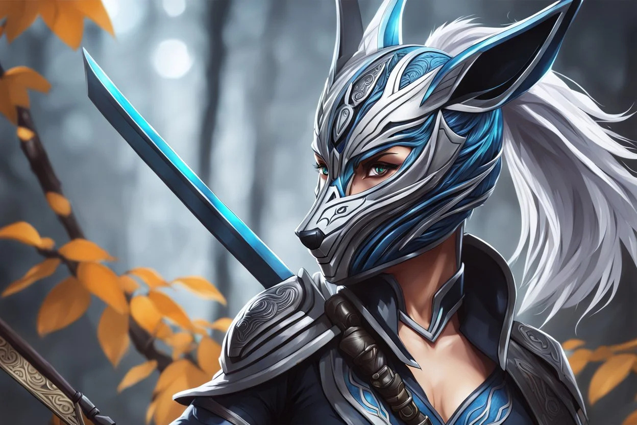 kindred with her mask in 8k anime realistic drawing style, ronin custom, rain, apocalypse, intricate details, highly detailed, high details, detailed portrait, masterpiece,ultra detailed, ultra quality