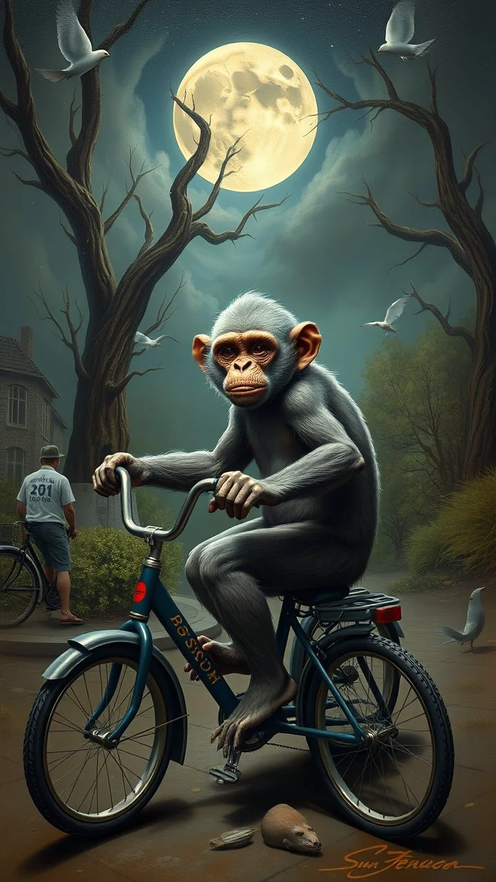 Bosch painting style nightmare , 3D , a monkey on tricycle , high Quality picture , 8k