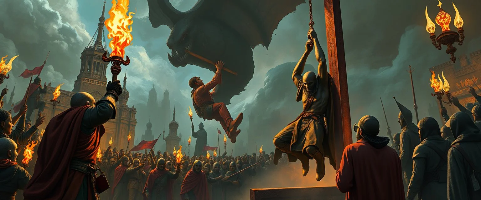 fantasy art, style of Escher , A public execution: The party arrives at a city square just in time to see the Flaming Fist hang a convicted smuggler or cultist. The crowd is loud and bloodthirsty.