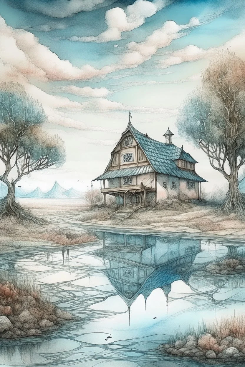 The place where the Dream and its followers live. A reflection of the sky. Watercolor, new year, fine drawing, beautiful landscape, pixel graphics, lots of details, pastel aqua colors, delicate sensuality, realistic, high quality, work of art, hyperdetalization, professional, filigree, hazy haze, hyperrealism, professional, transparent, delicate pastel tones, back lighting, contrast, fantastic, nature+space, Milky Way, fabulous, unreal, translucent, glowing