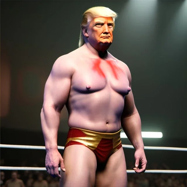 Realistic photo, Donald trump wrestler, wrestling, naked torso, red breeches, suspenders, retro style, 80s, hot ambient, photo studio, red, gold, vibrant color, gradient, highly detailed, art stations, concept art, smooth, unreal engine 5, god rays, ray tracing, RTX, lumen lighting, ultra detail, volumetric lighting, 3d, finely drawn, high definition, high resolution.