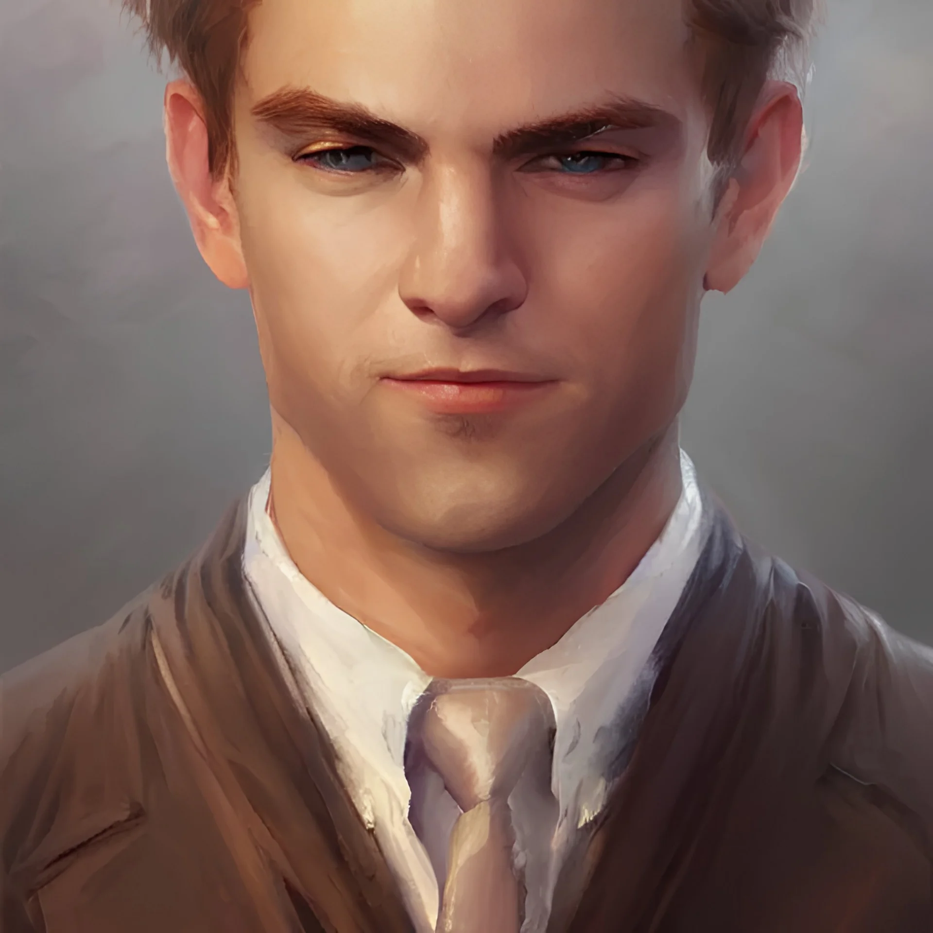 a _ fantasy _ style _ portrait _ painting _ of white male short fringe light brown hair short head smiling clean shaven round face rpg dnd oil _ painting _ unreal _ 5 _ daz. _ rpg _ portrait _ extremely _ detailed _ artgerm _ greg _ rutkowski _ greg