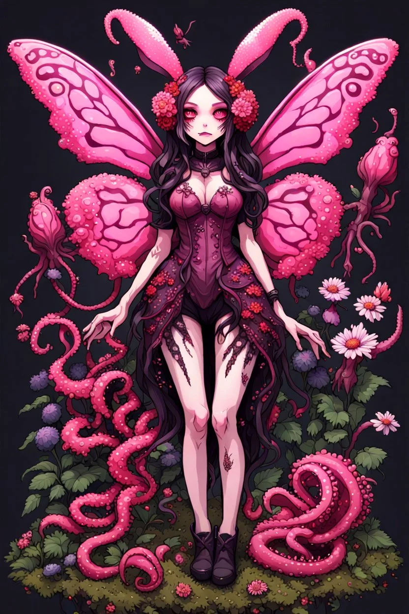 8bits, pixel art, butterfly, highly detailed, pink, rabbit, blood, scythe, goth woman, leaning pose, full body, squid, intricate detail , plants, wildflower, nest, octopus, fly,Demon girl, creepy, horrifying, sinister, sparks out her mind, fullbody, rare pose, terrario with universe in, high lighting, intricate,sparks around,enchanted girl with cyberkatana,darkred slime Goth girl,