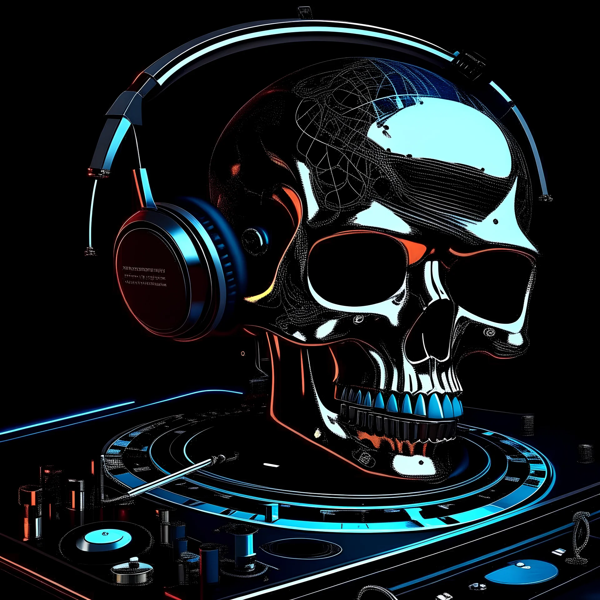 illudtrstion of android DJ plaing vinyls skull face whit meccanical part