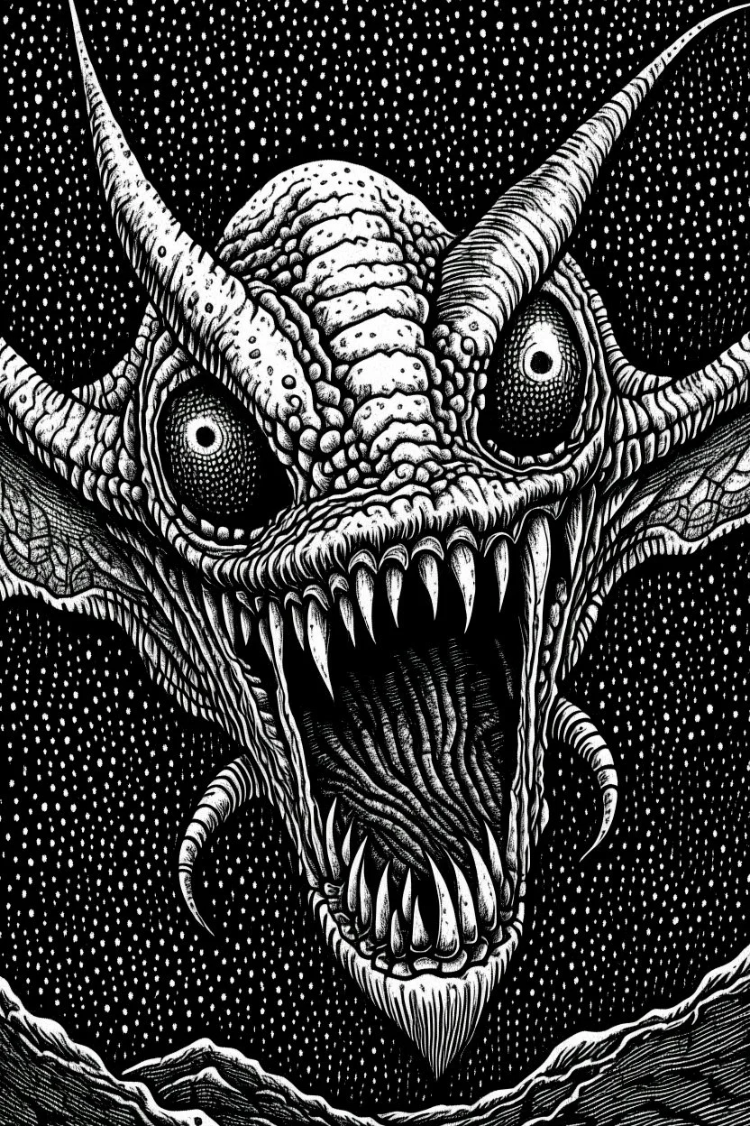 Moth / shark hybrid demon in the style of Berserk manga. B/w.