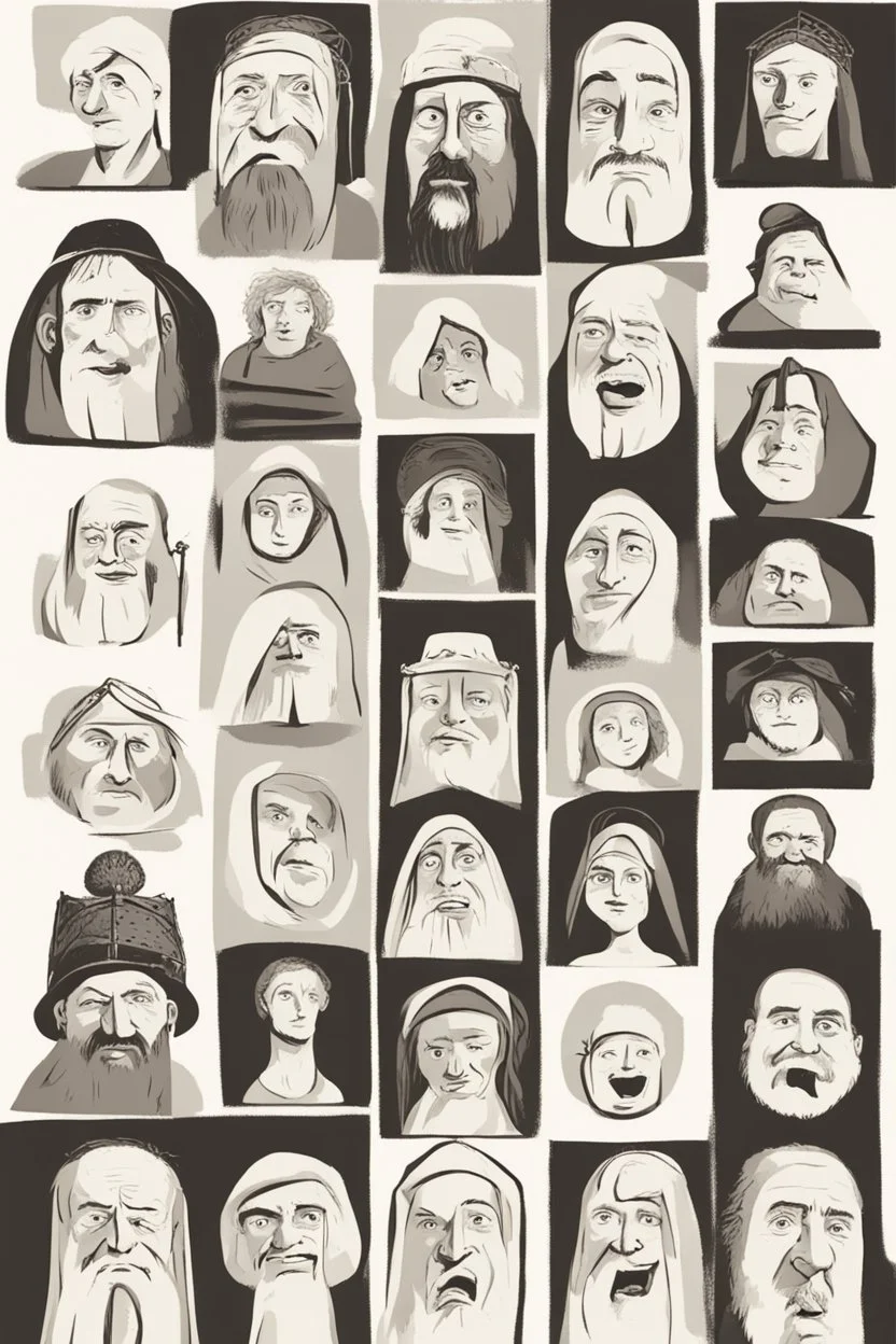 diferent medieval faces of diferent medieval people with diferent expressions, some dramatic, somo happy. the style is minimal black and white stamp. in the sheet there are more than 5. very diverse court memebers and everyday people. man, woman, kids. white background