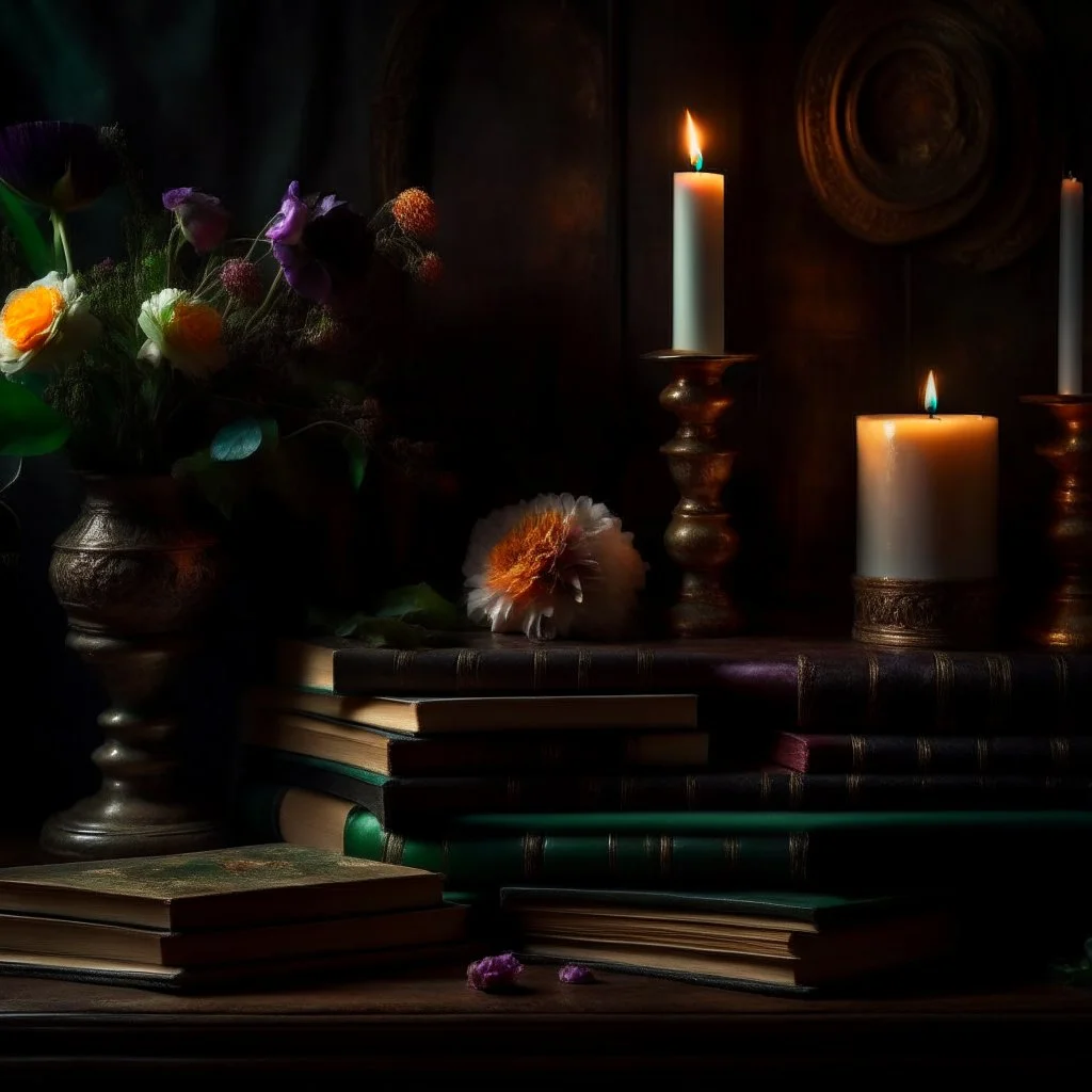 rave on books with flowers and lit candles dark moody art with browns green earthy tones, deep purples, hyper realistic maximalist concept art