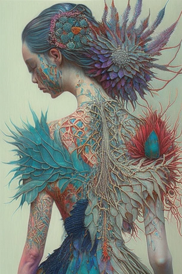 Girl with thorns on her back; girl wearing in intricate gown mixed media such as feathers, thorns, flowers, colorful thread, and gemstones; neo-surreal; quilling, masterpiece, Intricate, provocative