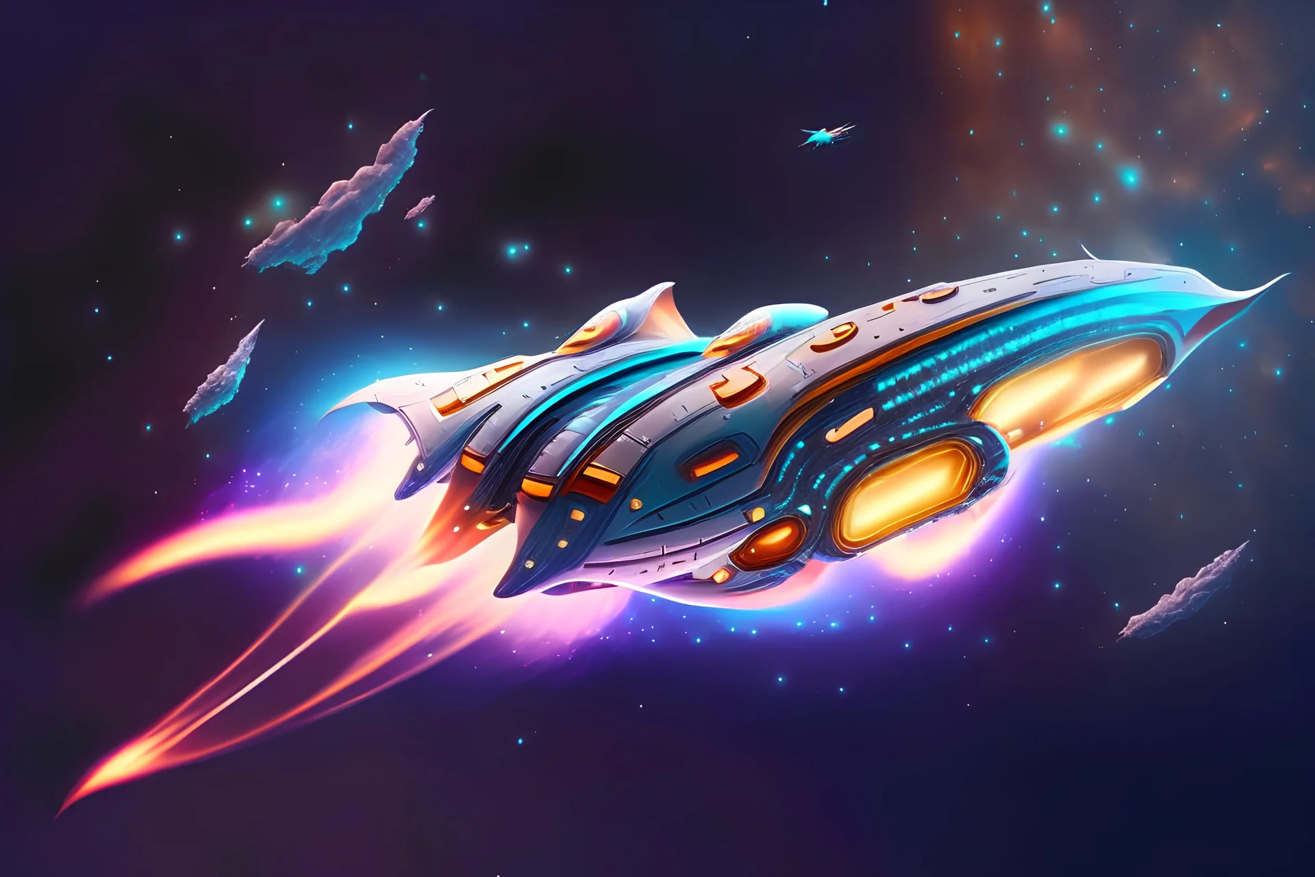 cool design of a small spaceship cruising through the gAlaxy