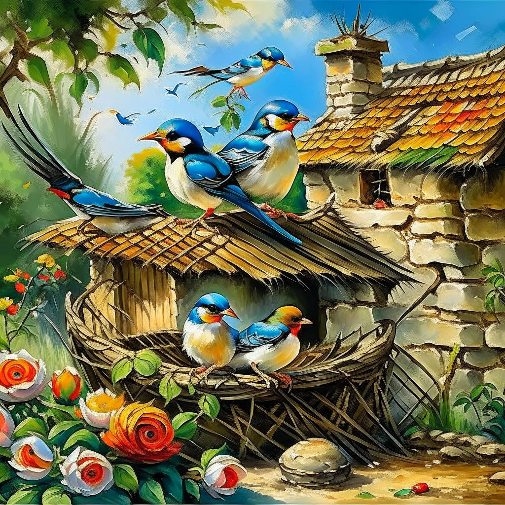 captivating cinematic painting masterfully blending traditional illustration, 3D rendering, and wildlife photography, depicts a picturesque old stone farmhouse with a thatched roof. The harmonious blend of artistic styles creates an atmosphere of serene tranquility, warmth, nostalgia, and timeless beauty. In the cozy home on the roof, three adorable baby swallows rest in their nest, watched over by a swift adult swallow soaring around them. Vibrant hollyhocks cascade along the walls, and hay in