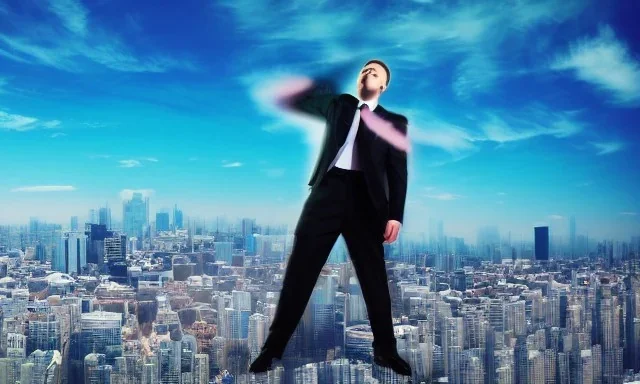 man in suit, view from ground, huge wind blowing over suit, epic pose, vaporwave