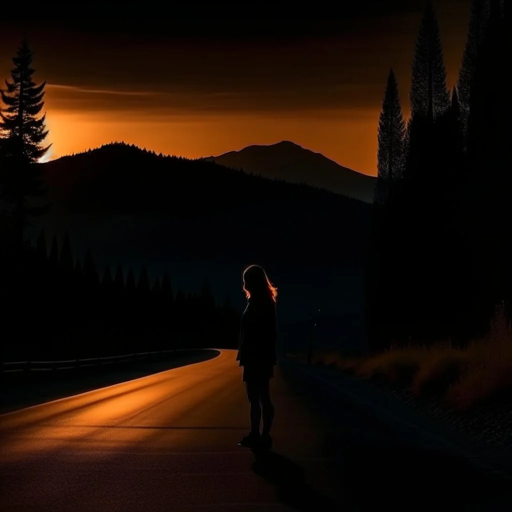 dark night, a woman silhouette on the side of the road,, mountains and forests next to the road, a beautiful orange sunrise in the distance, photo quality