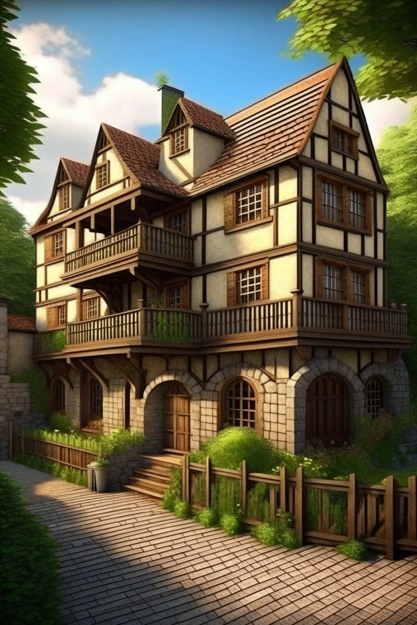 large medieval gothic inn, with a balcony, next to a sloping, cobbled road, surrounded by trees with dense foliage, photo-realistic