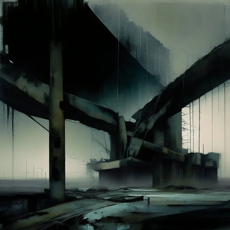 Dark Contemporary abstract painting of Lebbeus Woods concrete carpark in a wasteland techno decaying landscape. Hazy foggy night sky. Concrete ground. Exposed twisted concrete and pipes. Style Justin Mortimer and Francis Bacon. Close up