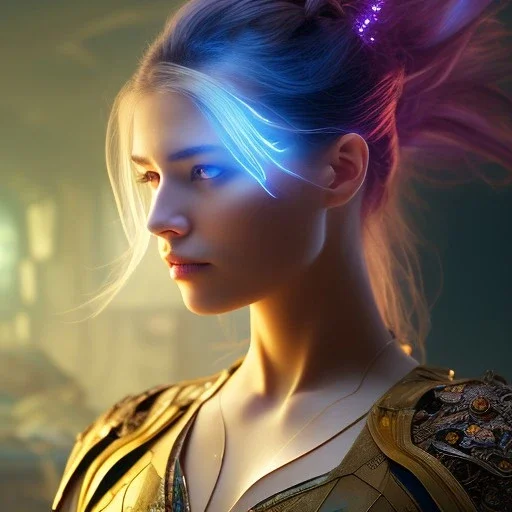 dark and gloomy full body 8k unity render, female teen cyborg, Blue yonder hair, wearing broken battle armor, at cluttered and messy shack , action shot, tattered torn shirt, porcelain cracked skin, skin pores, detailed intricate iris, very dark lighting, heavy shadows, detailed, detailed face, (vibrant, photo realistic, realistic, dramatic, dark, sharp focus, 8k)