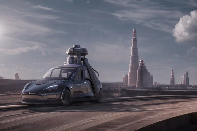 A Tesla 'Model Y' is racing at top speed, in the 'Cloud City' of Bespin. CINEMATIC. WIDE ANGLE LENS. PHOTO REAL.