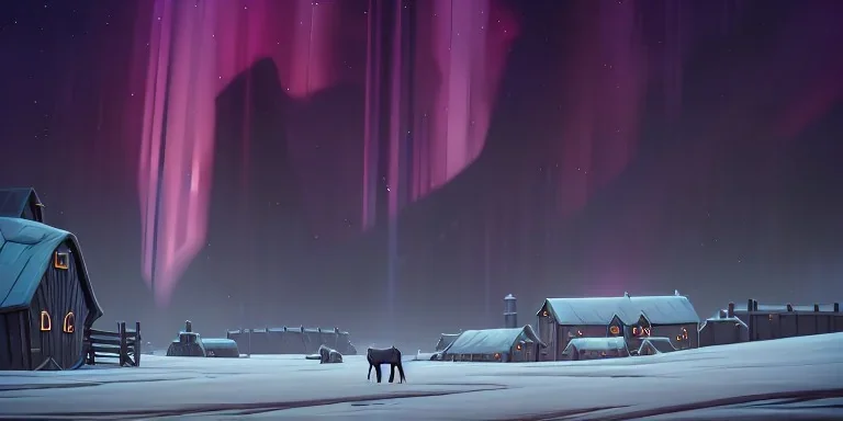 Medieval fantasy small Cattle farm in a bleak cold land, northern lights, misty