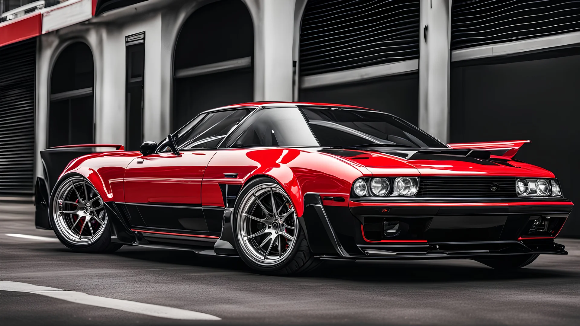 super sport car, red and black paint, white strypes, big wheels, tuned style, shinning paint, front 3/4 view angle, spoiler, turbo, NOS. greath details on paint black background on street.