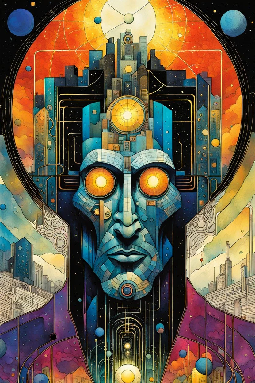 Create a chaotic abstract cubist Tarot Card depicting a post apocalyptic, The Hierophant , with highly detailed facial features, in the style of Bill Sienkiewicz, Philippe Druillet, Gustav Klimt, and Jean Giraud Moebius, precisely drawn, colored and inked