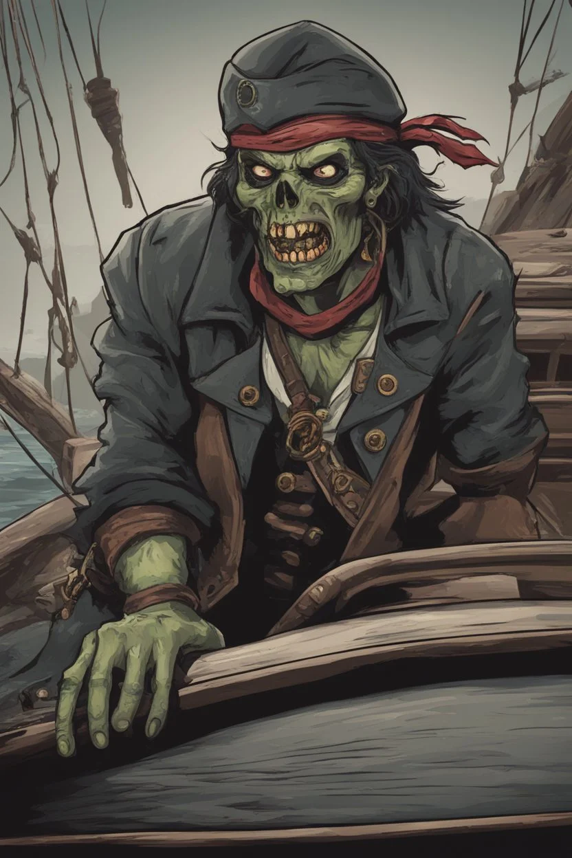 close up portrait of a zombi as a pirate, 2d style, background on a boat