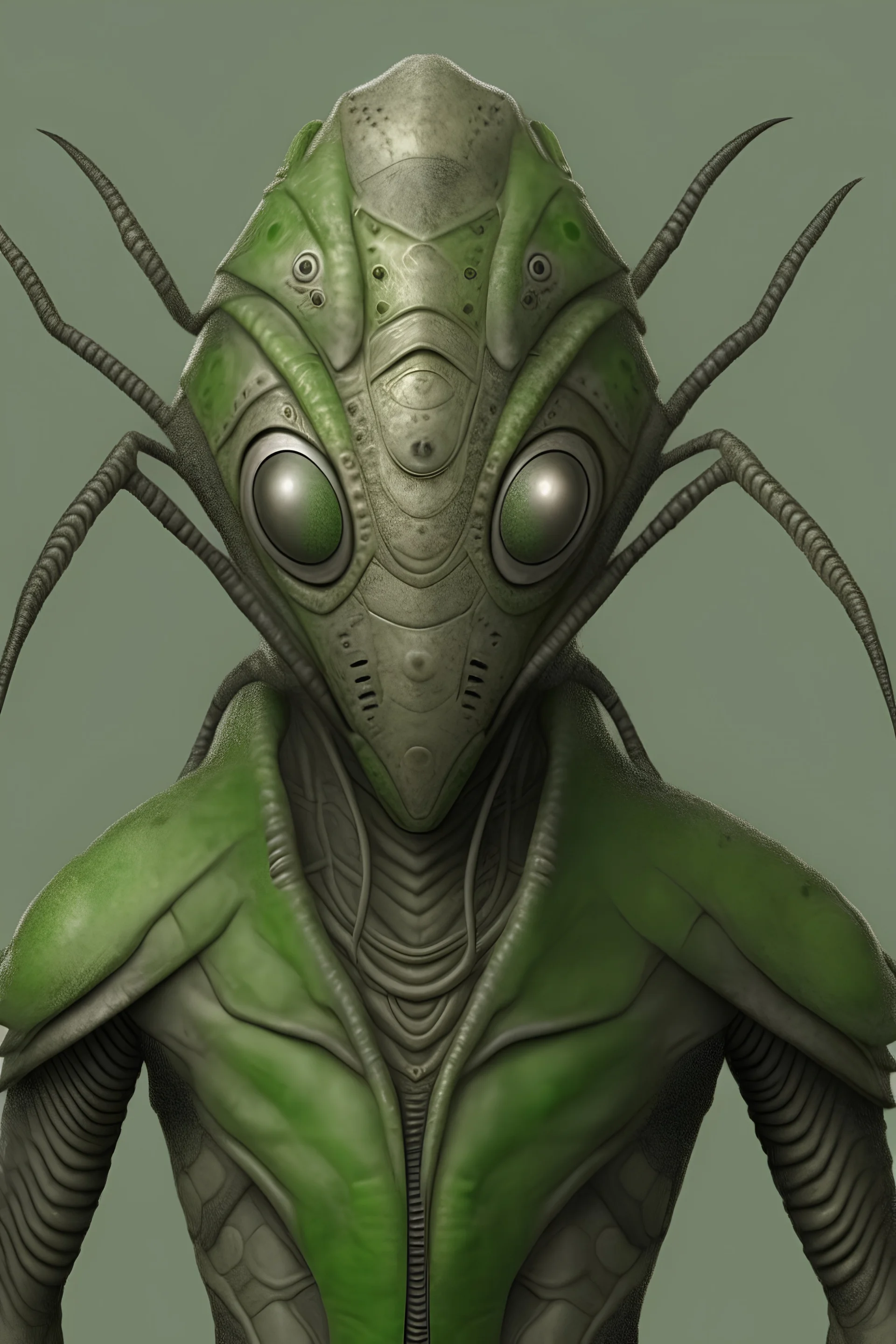 humanoid, greyish green appearance, the face is a featureless surface with spider eyes, covered in insectoid shell-like armour,