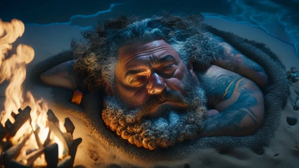 top view photography of a sicilian baywatcher burly sweat chubby 52 years old , swimwear, manly chest ,tattoo, curly hairs, beard, lying down on the beach at midnight , illuminated by bonfire, photorealistic, 8k, Canon EOS, 35mm lens, , unreal engine, greg rutkowski, loish, rhads, beeple, makoto shinkai and lois van baarle, ilya kuvshinov, rossdraws, tom bagshaw, alphonse mucha, global illumination, detailed and intricate environment