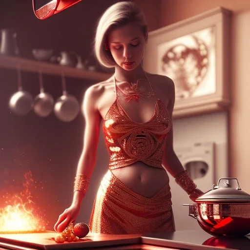 ultra realistic, pretty woman is cooking dinner in the kitchen, intricate details, ultra highly detailed, shiny, red, smooth, studio quality, octane render,glow, ambient lighting--q4 --ar 3:2 --v5