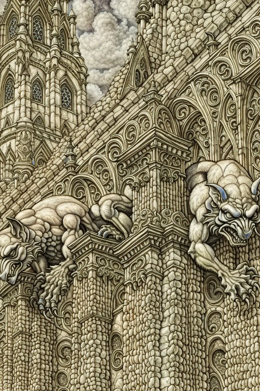 Gargoyles Promt: Art Nouveau Gothic Hyper realistic intricate oil paint detailed pencil sketched Notre Dame gargoyles in the style of Escher, a resin painter