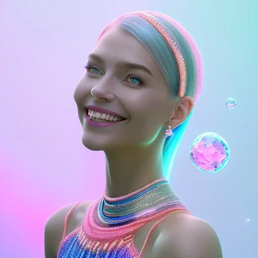 A portrait of a crystalised girl,smiling, laughting longs thin hairs blue, atmospheric, realistic,, cinematic lighting, octane render,, pink turquoise light, white skin, pink atmosphere, nice smile, jewels brillant, blue eyes, soft face, big smile, very happy, 8K hight quality, bright eyes light, pink silk dress, wrings fairies