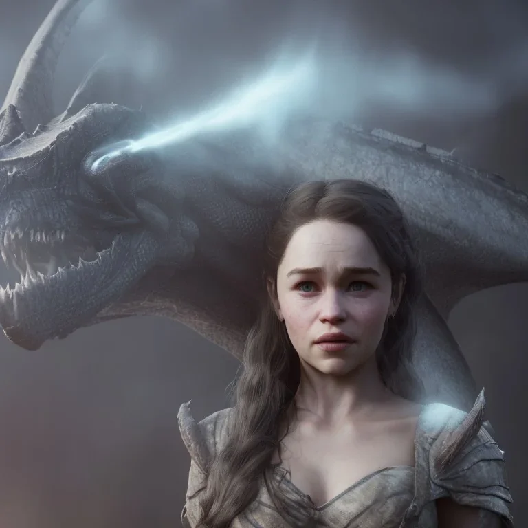 only perfect emilia clarke, wearing a dragon skull mask. fly hair, viking, village, highly realistic, highly detailed, mist around, smoke, particles, fog