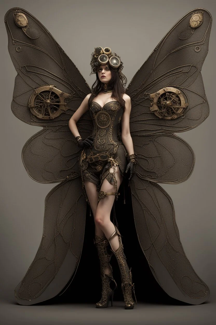 full length, steampunk delicate metal woman, moth, wings, black background