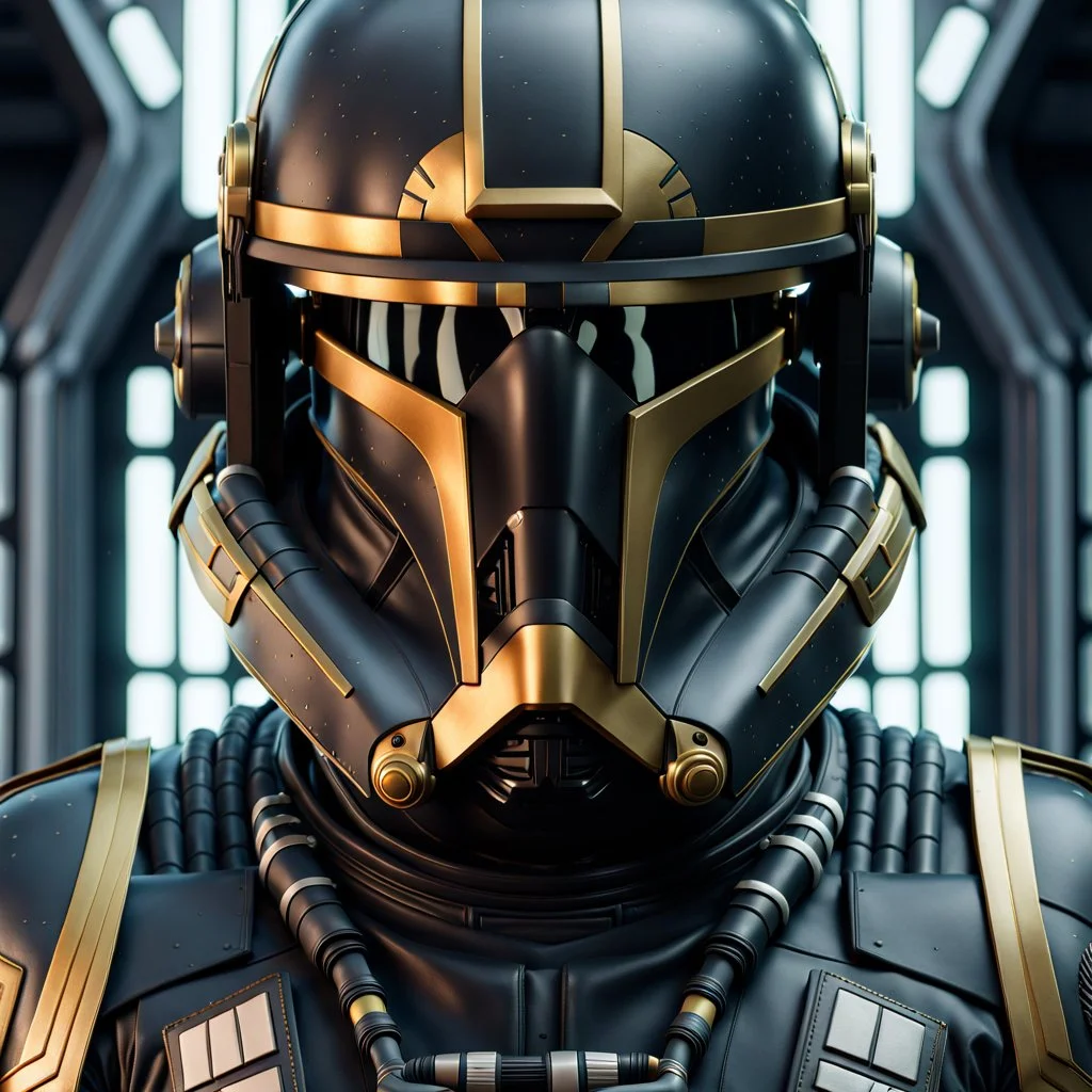 star wars bald male corellian pilot wearing dark gunmetal grey and black First Order special forces TIE pilot armored flightsuit and helmet with gold trim inside the jedi temple, centered head and shoulders portrait, hyperdetailed, dynamic lighting, hyperdetailed background, 8k resolution, volumetric lighting, light skin, fully symmetric details