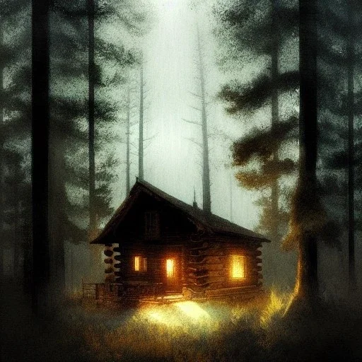 cabin in the woods, ambient lighting, horror art, in the style of greg rutkowski,