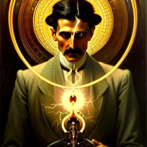 Nikola tesla, highly detailed face, surrounded by lightning bolts in the style of tom bagshaw, alphonse mucha, gaston bussiere, cyberpunk. anatomically correct elegant body. extremely lush detail. masterpiece. melancholic scene infected by night. perfect composition and lightning. sharp focus. high contrast lush surrealistic photorealism.