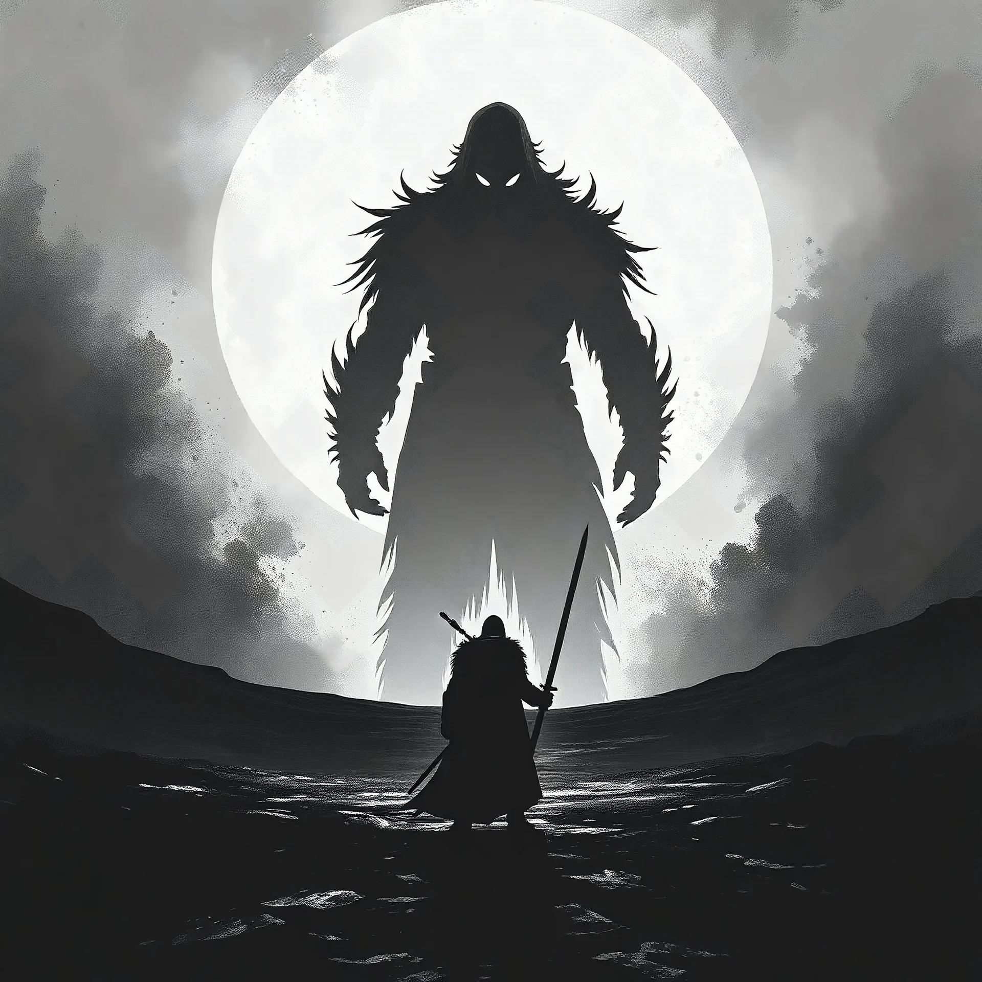 A high-contrast black-and-white illustration of lone warrior in a dark landscape, standing before a massive shadowy version of themselves. The battle is not against an external enemy but an internal one.