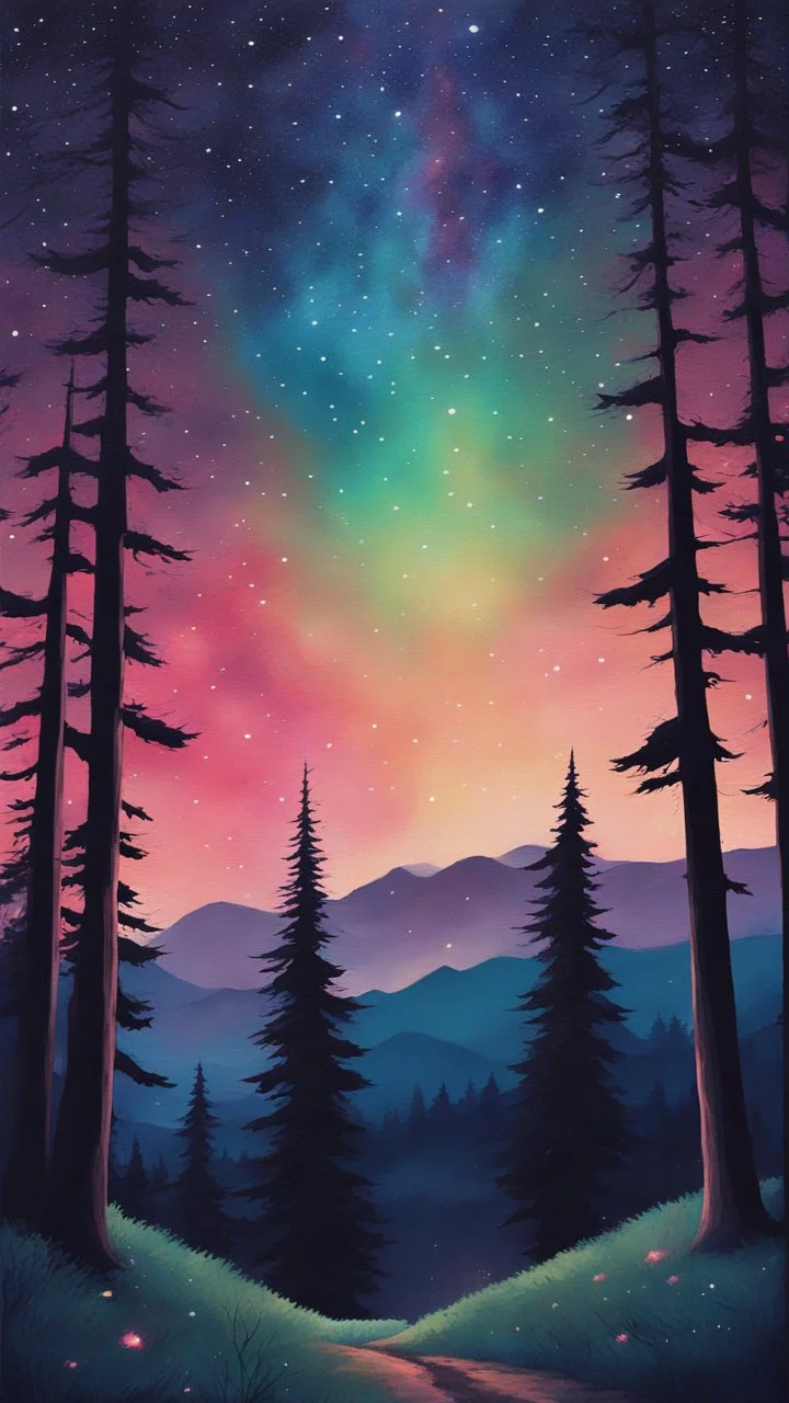 a painting of a night sky with stars and trees, colorful night sky, stary night painting, magical forest backround, cosmic night background, vibrant painting, atmospheric dreamscape painting, night sky background, colorful painting, northern lights background, colorful stars, beautiful color art!, vivid painting, dream scenery art, anato finnstark and alena aenami