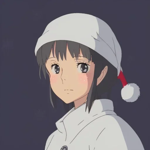 girl, Christmas hat on head, looking forward, anime art, cold weather, gray furry clothes,anime key visual of elegant young female