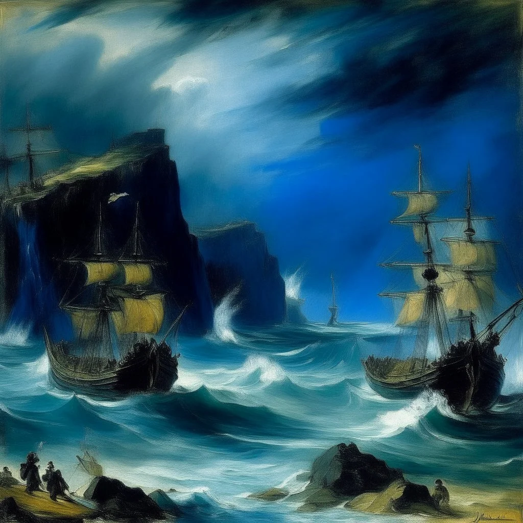 A dark blue cove surrounded in water with pirate ships in a rainstorm designed in Scandinavian folk art painted by Édouard Manet