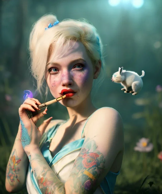 Ultra realistic wonderland photo, happy blonde woman smoking a pipe, blue dress, white rabbit pet, circus dress style, old school tattoo, smoke, marijuana garden, glow eyes, perfect iris, soft color, highly detailed, unreal engine 5, ray tracing, RTX, lumen lighting, ultra detail, volumetric lighting, high definition.