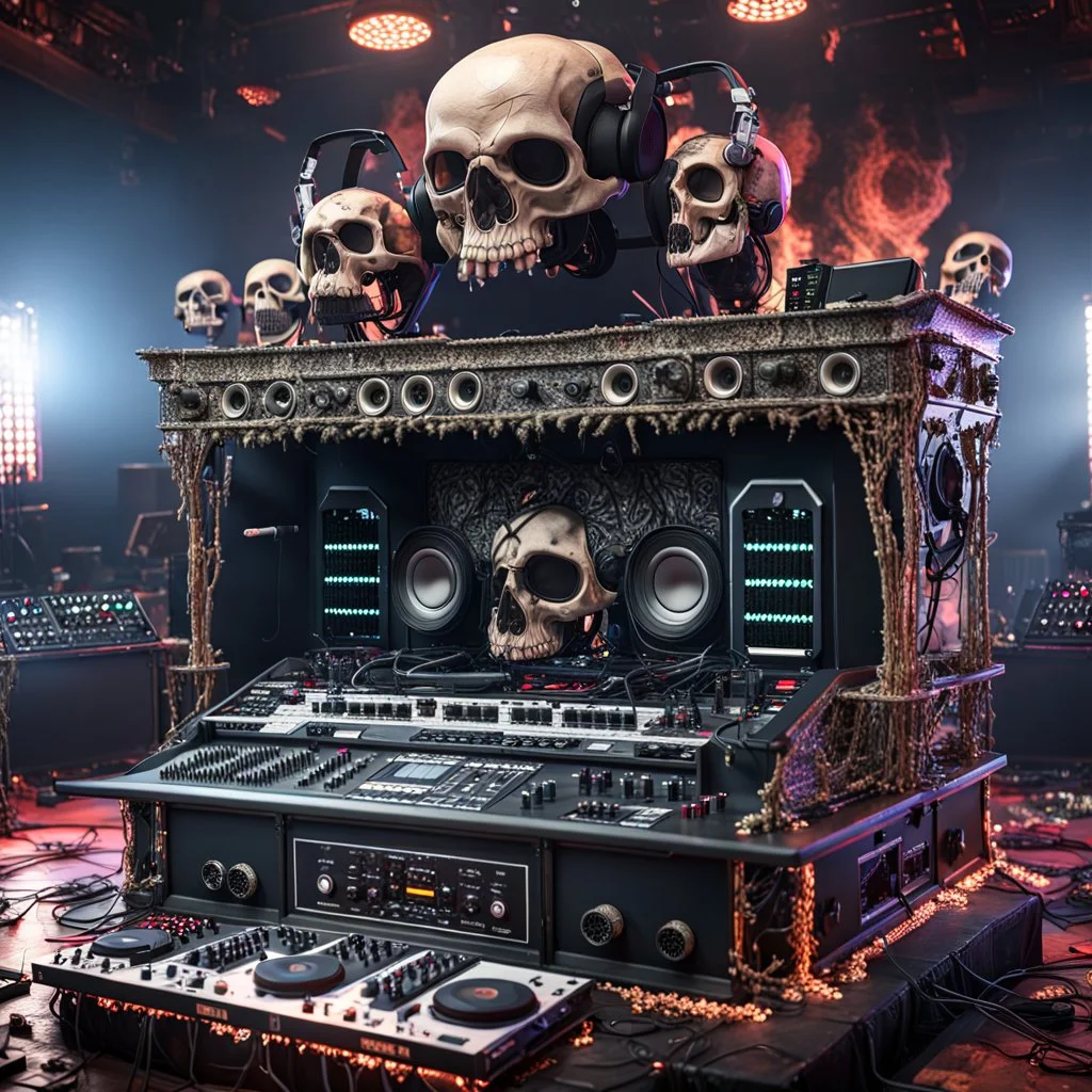 DJ of the damnded, insanely detailed DJ booth in hell, MID set, speakers and equipment made of bone, anatomically correct, add more skulls in th audience, photorealism, vray, 8k 3d https://stablecog.com/generate?o=a67b60e0-edd2-418d-9744-d1d585055d7fv https://stablecog.com/generate?o=93026b00-ac6b-436a-bc57-6aa04073d4a9