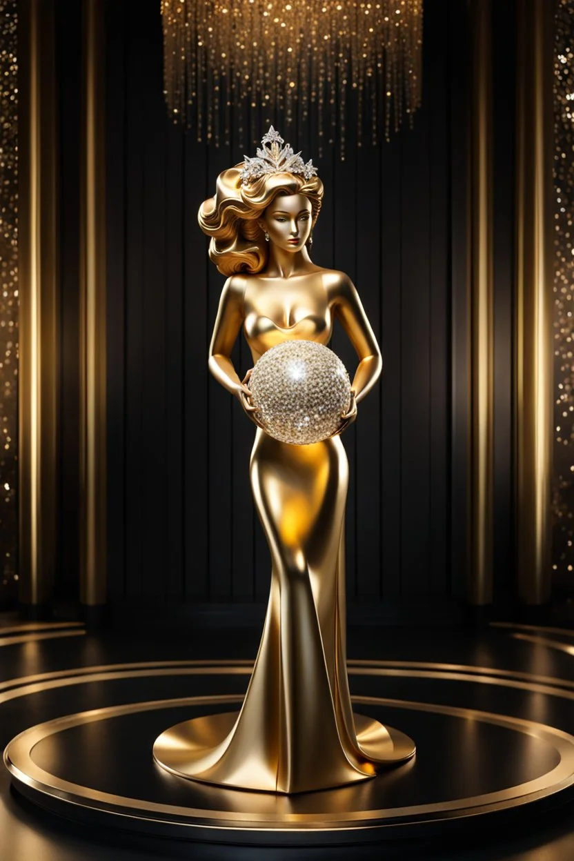 A magnificent golden and silver heart-shaped sign adorned with a stunning golden sphere encrusted with sparkling diamond clusters at its center, elegantly spinning in position,a girl statue standing pose