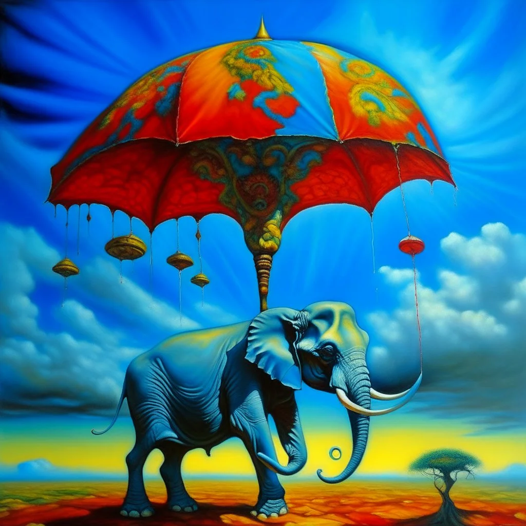 surreal umbrella landscape on the back of a giant fantastical anthropomorphic elephant, artistic oil painting, colorful, shades, blue sky with surreal umbrella clouds, acid wash mind-bending illustration; asymmetric, primary colors, dark shines war, neo surrealism, reflective, by Magritte and Desmond Morris