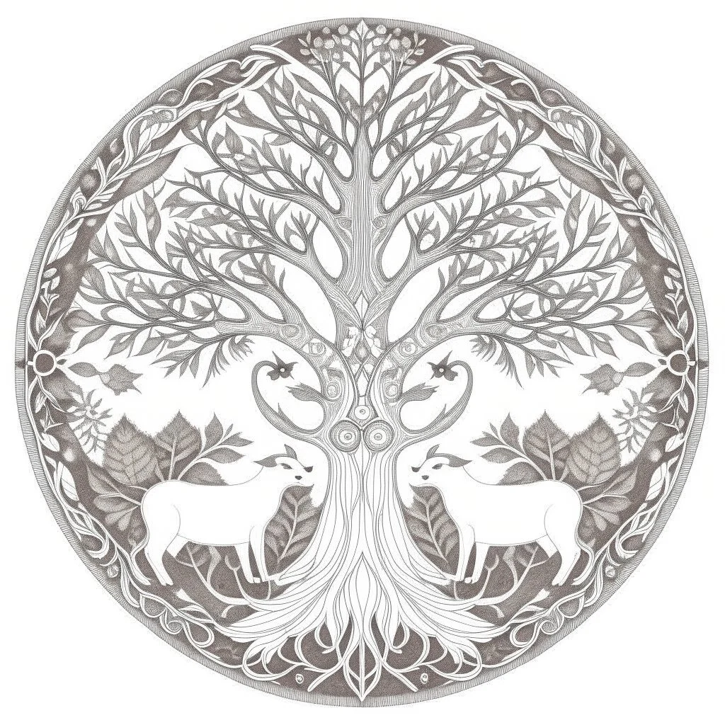 coloring page: A vibrant and intricate mandala featuring various animals intertwined within the branches of a giant tree, symbolizing the interconnectedness of all living creatures.