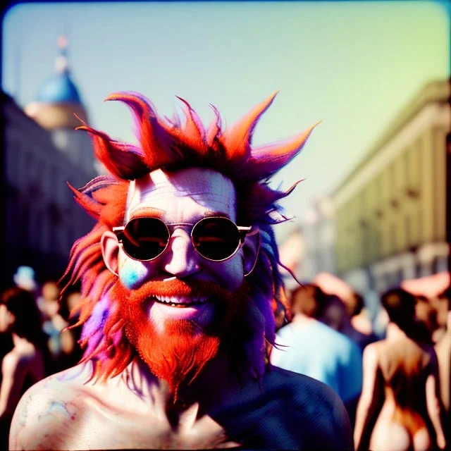 Ultra Realistic photo, medium shot view, drunken dancer naked man, carnival scene, monster hair, steampunk. Red hair, confeti, Sunglasses, smile, happy, festival, ovnis, gradient color fog. highly detailed, concept art, unreal engine 5, ray tracing, RTX, lumen lighting, ultra detail, volumetric lighting, 3d, finely drawn, high definition, high resolution.