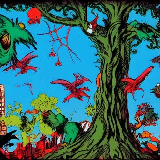  kaiju birds in a tree near a city by dr seuss